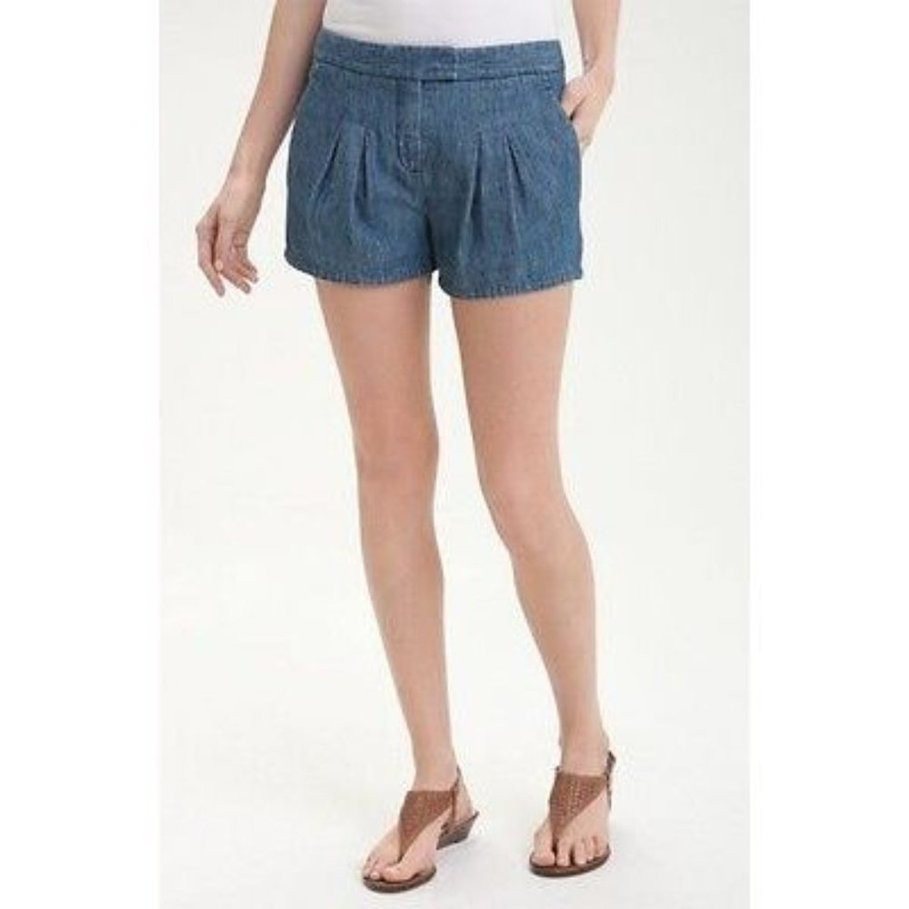THEORY Dalassa WILE Pleated DENIM Dress Shorts INDIGO Pockets 10 $175
